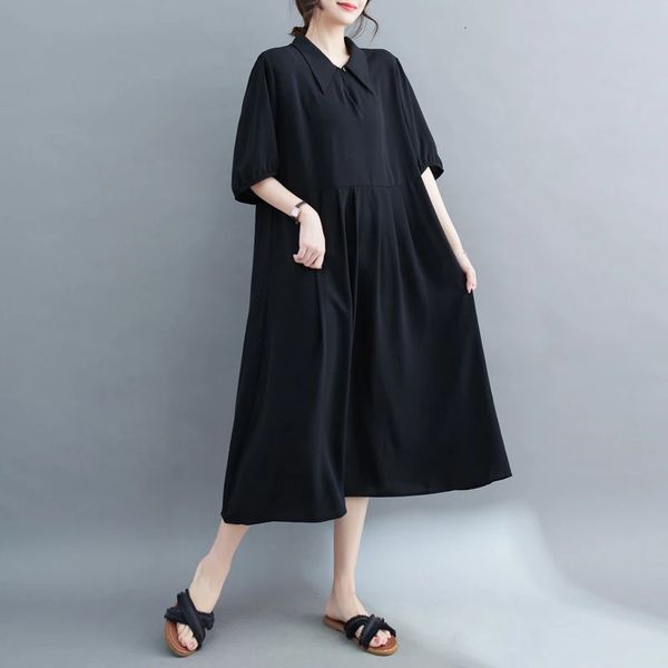 #3892 Black Chiffon Long Shirt Dress Women Polo Collar Vintage A-line Dress Half Sleeve Loose Split Joint Midi Dress Ladies 240808