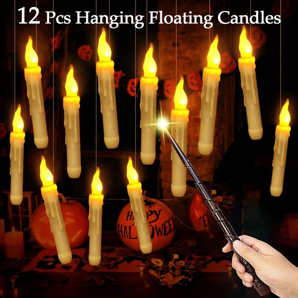 12-48 Floating Candles with Wands Christmas Flying Candles Flameless Candles Battery Controlled Candles Witch Party Decoration 240821