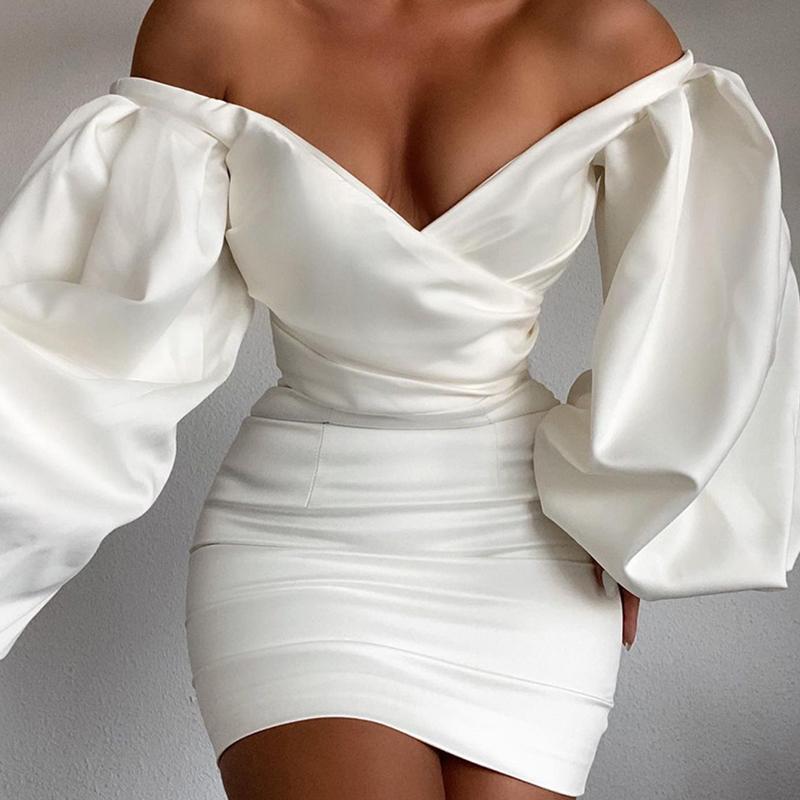 Casual Dresses Women&#039;s Clothing Dress For Women Summer Vestido Feminino White Off Shoulder Puff Long Sleeve Satin Corset Bodycon
