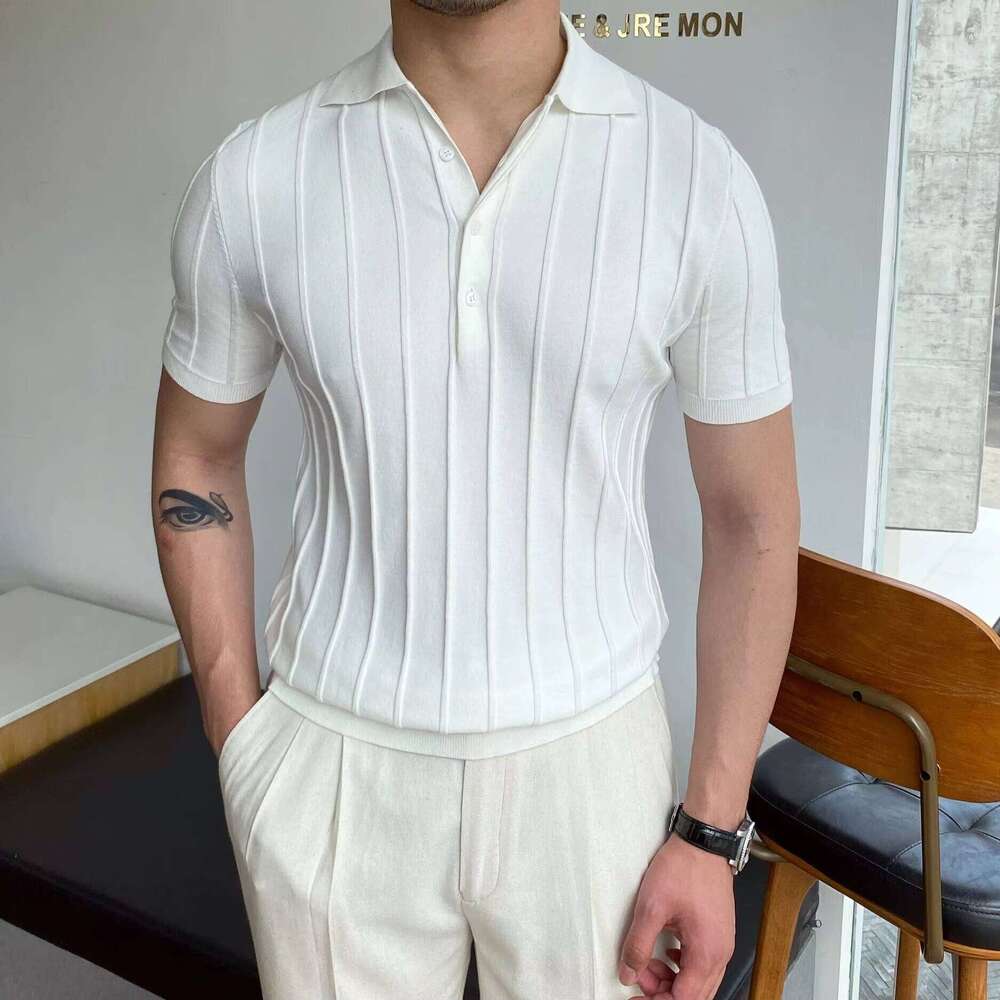 VSCOO 2024 Old Money Ribbed Knit Cotton Polo Shirt Men&#039;s Short Sleeve Sweater T-Shirt