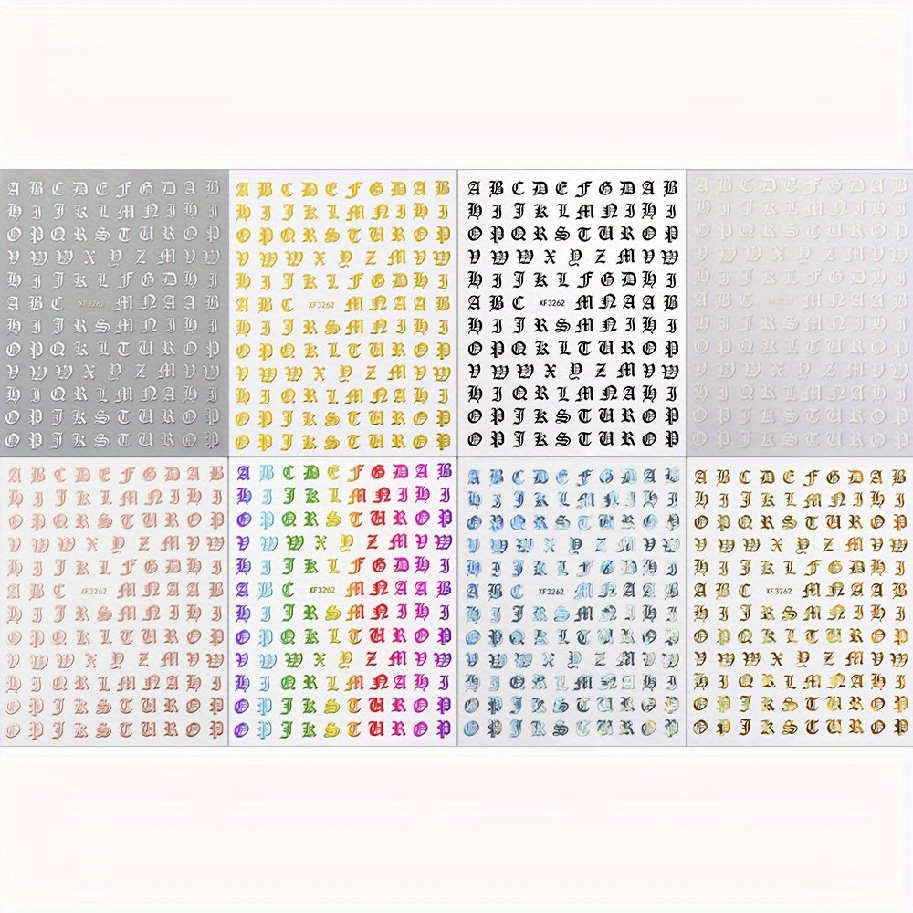 TEMU 8 Sheets Retro 3d Self-adhesive Nail Art Stickers - 8 Colors Glitter Alphabet Letters A-z, Irregular Shape Acrylic Decals For Diy Manicure &