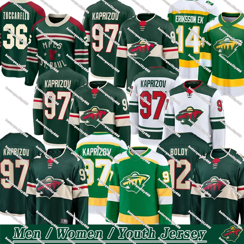 Minnesota city Wilds jersey #97 Kaprizov A #12 Boldy #7 Faber A #36 Zuccarello #29 Fleury #23 Rossi #14 Eriksson Ek hockey jersey