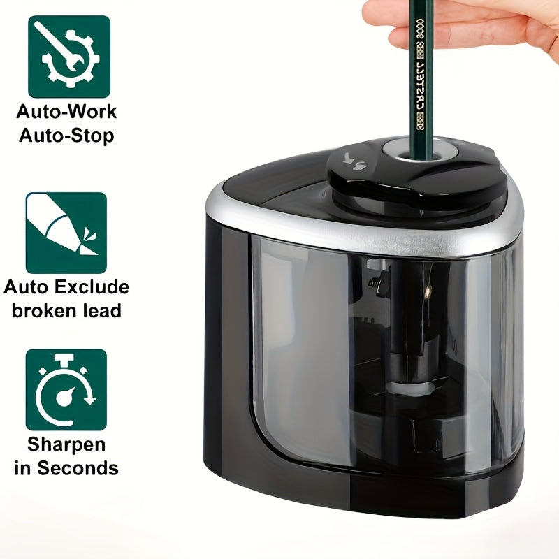 TEMU Automatic Electric Pencil Sharpener With & Lead Breakage Prevention - Black Desktop Sharpener For Office & School, No Battery Needed, , Sharpens