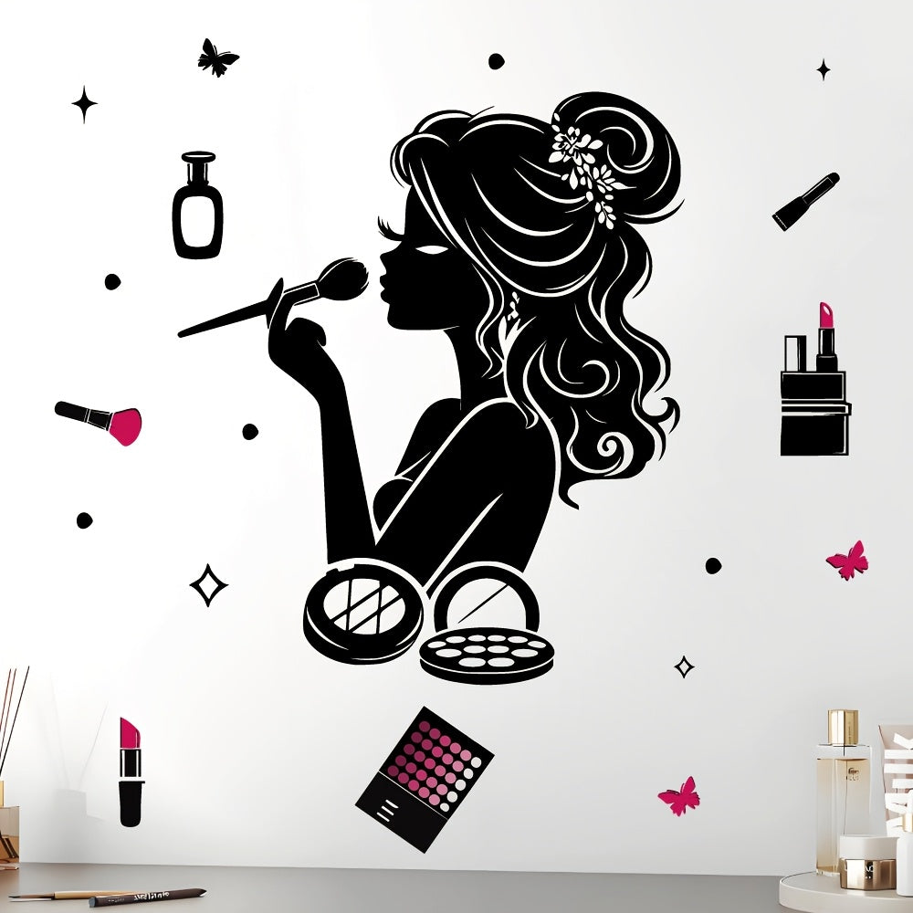 TEMU Chic Wall Decal - Black & White Contemporary Cosmetic Theme Sticker For Bedroom & Decor, Removable Self-adhesive Design With Stars And