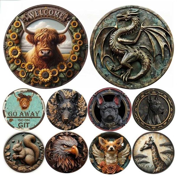 Round Metal Aluminum Sign Art Painting Wreath Decorative Plates Entrance Decor Gift Mask Theme For Bar Club Home Room Wall DecorXJ241120