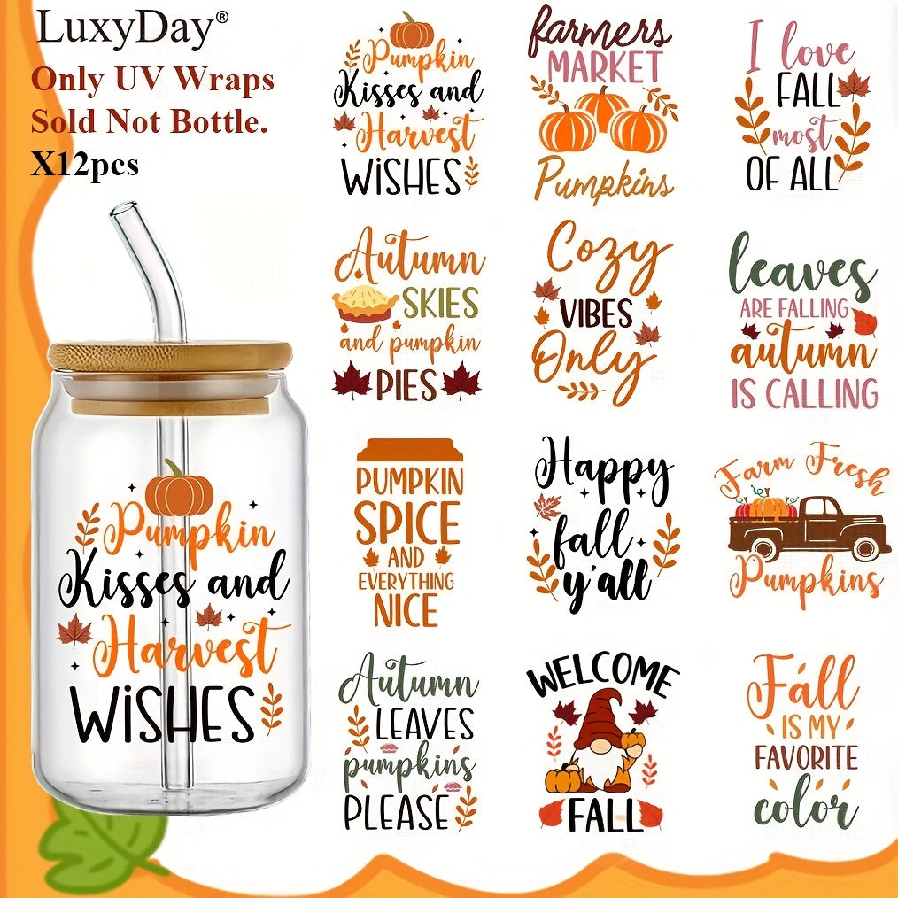 TEMU Set Of 12 Fall Quotes Vinyl Decal Transfer Papers For Diy Mug And Glass Decorations, Uv Dtf Transfers, Holiday Themed Adhesive Paper Wraps For