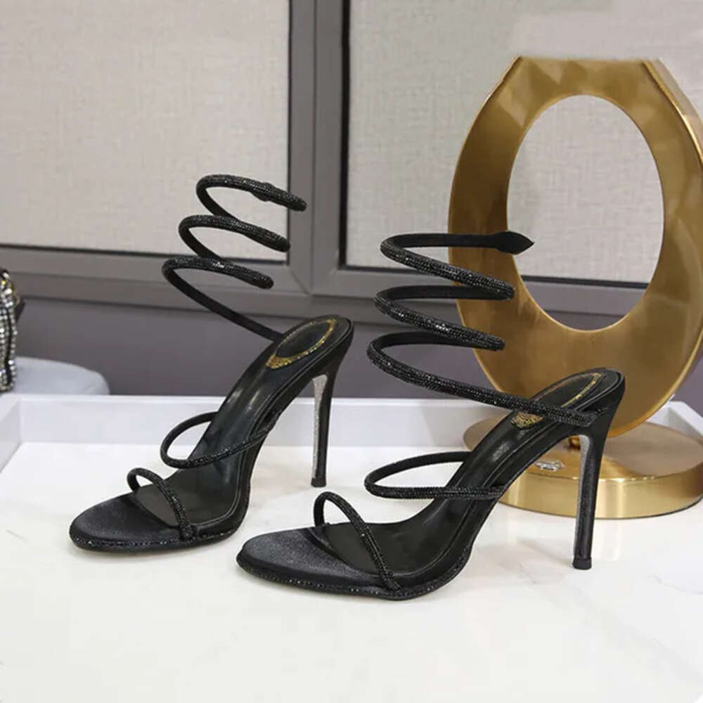 Rene Caoville Heels Designer Fashion Summer Snake Twine Around Crystal Women Rhinestones Thin High Heels Gladiator Sandals Party Prom Womens High He