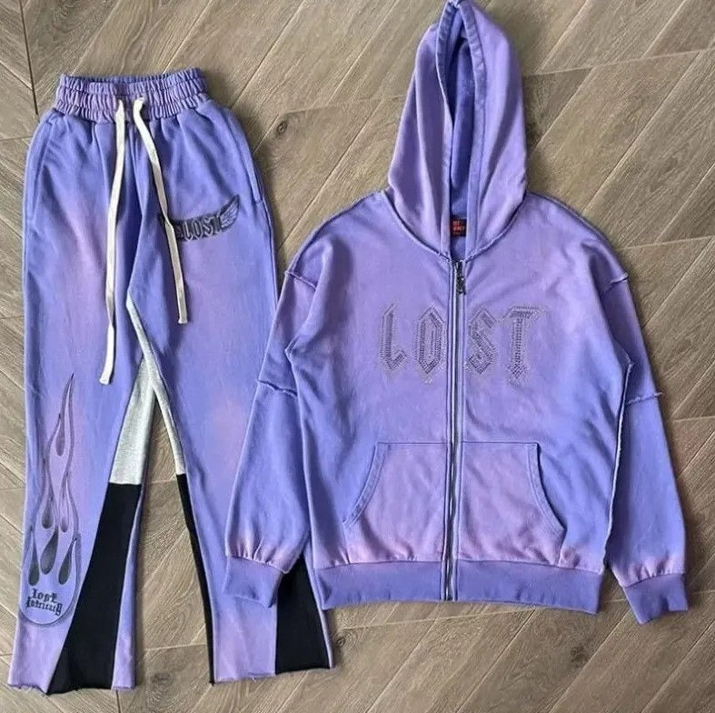 Designer tracksuits Men hoodie pants Embroidery Shine Lost Intricacy Lavender Zip Up Hoodie Jacket Pants Set Men Women High Quality Wash Purple Trac
