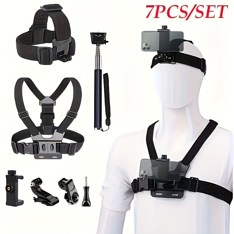 TEMU 7pcs Action Camera Accessory Kit - Universal Adjustable Chest Strap, Head Strap, Auto-shooting Lever And Camera Clamp - Made Of Durable Abs