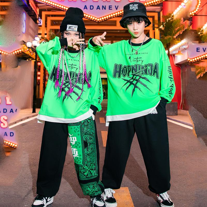 Stage Wear Fashion Green Shirts Loose Pants Street Dance Children Jazz Perfomance Costumes Girls Hip Hop Clothes DQS11197