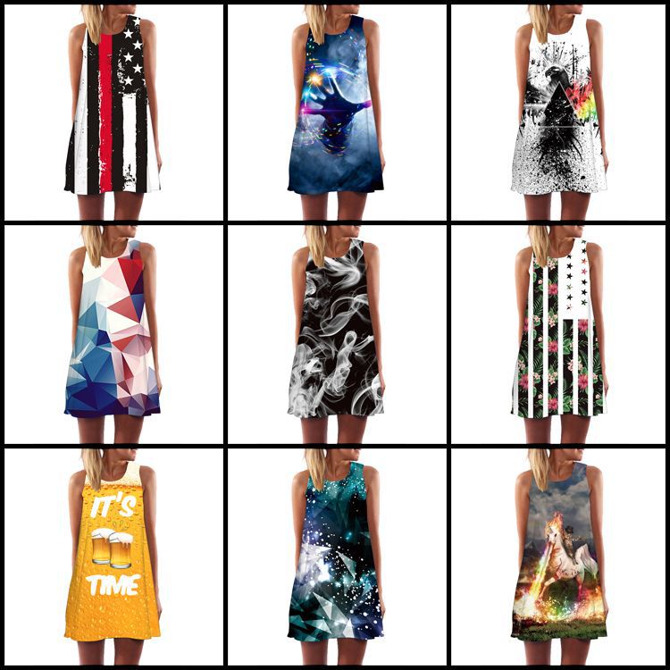 B360 New European and American Digital Printing Round Neck Strapless Sleeveless Vest Large Swing Loose Midi Dress