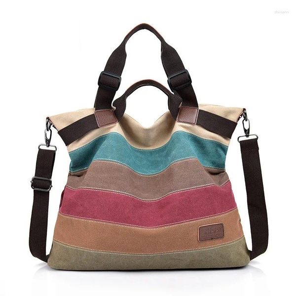 Shoulder Bags 2024 Women Canvas Bag Messenger Colorful Striped Female Crossbody Vintage Ladies Handbag Woman Travel Tote