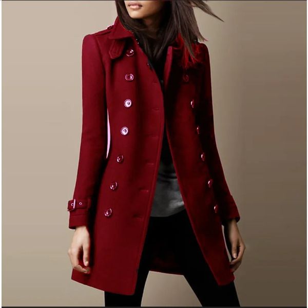 Winter Coat Female Wool Blends Casual Versatile Solid Long Trench Outerwears Vintage VNeck Full Sleeves Ladies Overcoats 241108