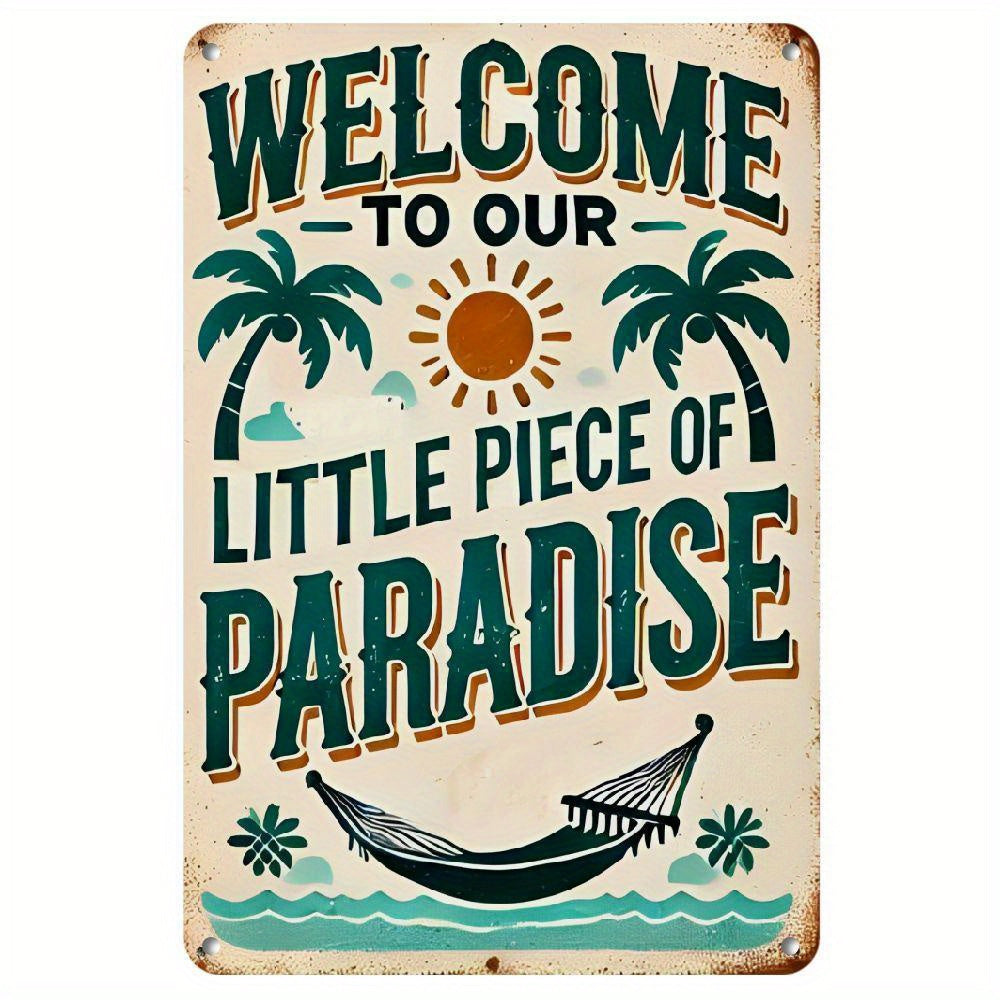 TEMU Vintage "welcome To Our Little Piece Of Paradise" Metal Wall Decor Sign | 8x12 Inch Aluminum | Multi-use Retro With Palm Trees & Hammock |