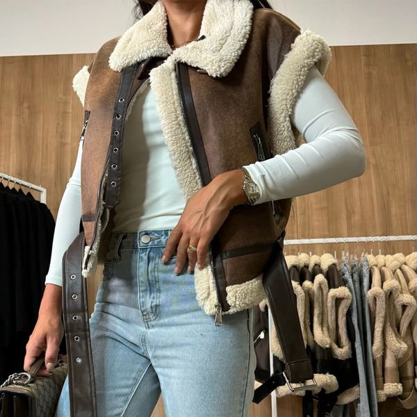 Womens Winter Faux Suede Vest Sleeveless Zipper-Up Fleece Sherpa Lined Jacket Fashion Casual Outerwear Coat 250113