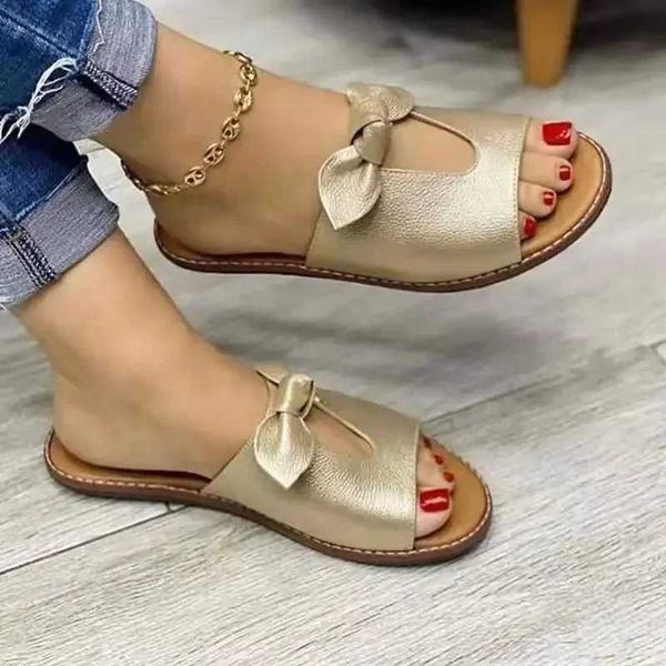 Summer womens slippers cute bow flat casual sandals solid color beach sandals Y241011