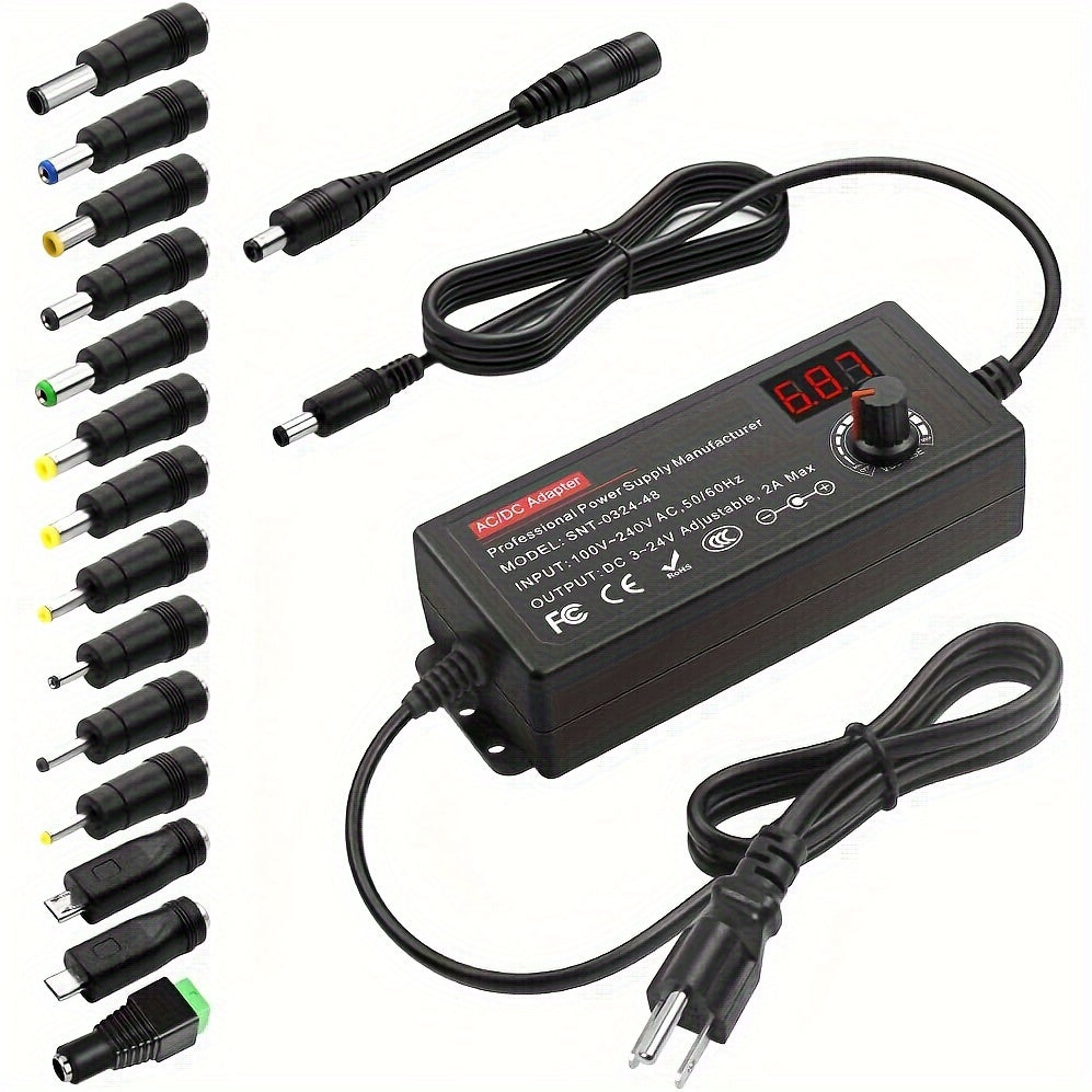 TEMU 48w Adjustable Power Supply With 14 Heads, 3-24v Desktop Digital Display, Us Plug, Male To Female Connector, Short Circuit Protection, 100v-240v