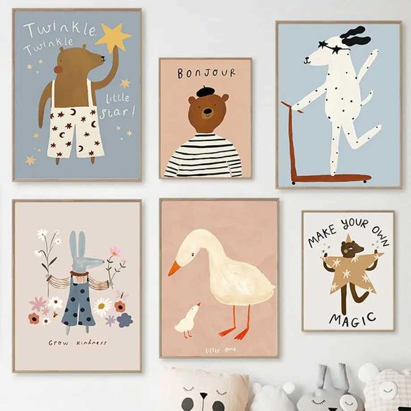 Scooters engraçados Spotted Dog Bear Rabbit Duck Wall Art Tela Pintura de pôsteres nórdicos Impressões impressão de berçário Fotos de crianç