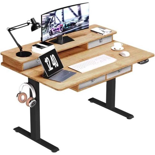 Other Furniture 48*30 inches Electric Standing Extended Desk Adjustable Height with 4 Drawers Dual Storage Shelves Standing Desk Q240703