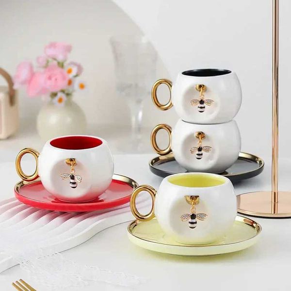 Creative Ceramic Bee Coffee Cup Saucer Household Ceramic Cup Espresso Coffee Cups Afternoon Tea Black Tea Cups SaucerC241209