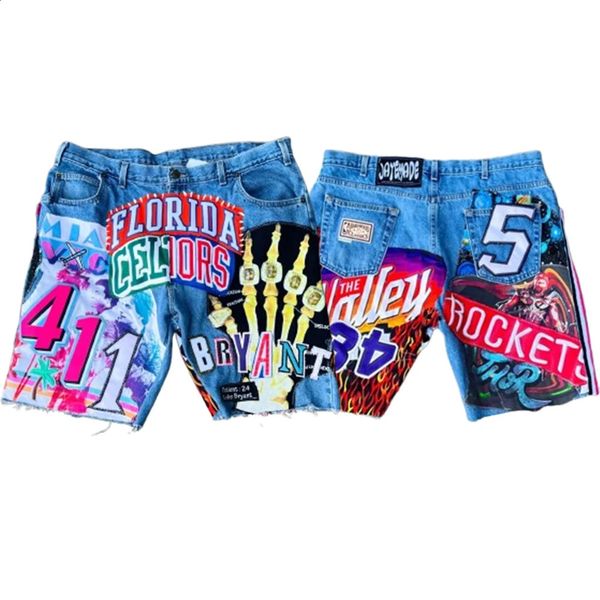 Shorts americanos y2k jeans homens mulheres hip hop desenho animado bordado bordado retrô azul shorts de fitness de jeans de jeans azuis 250
