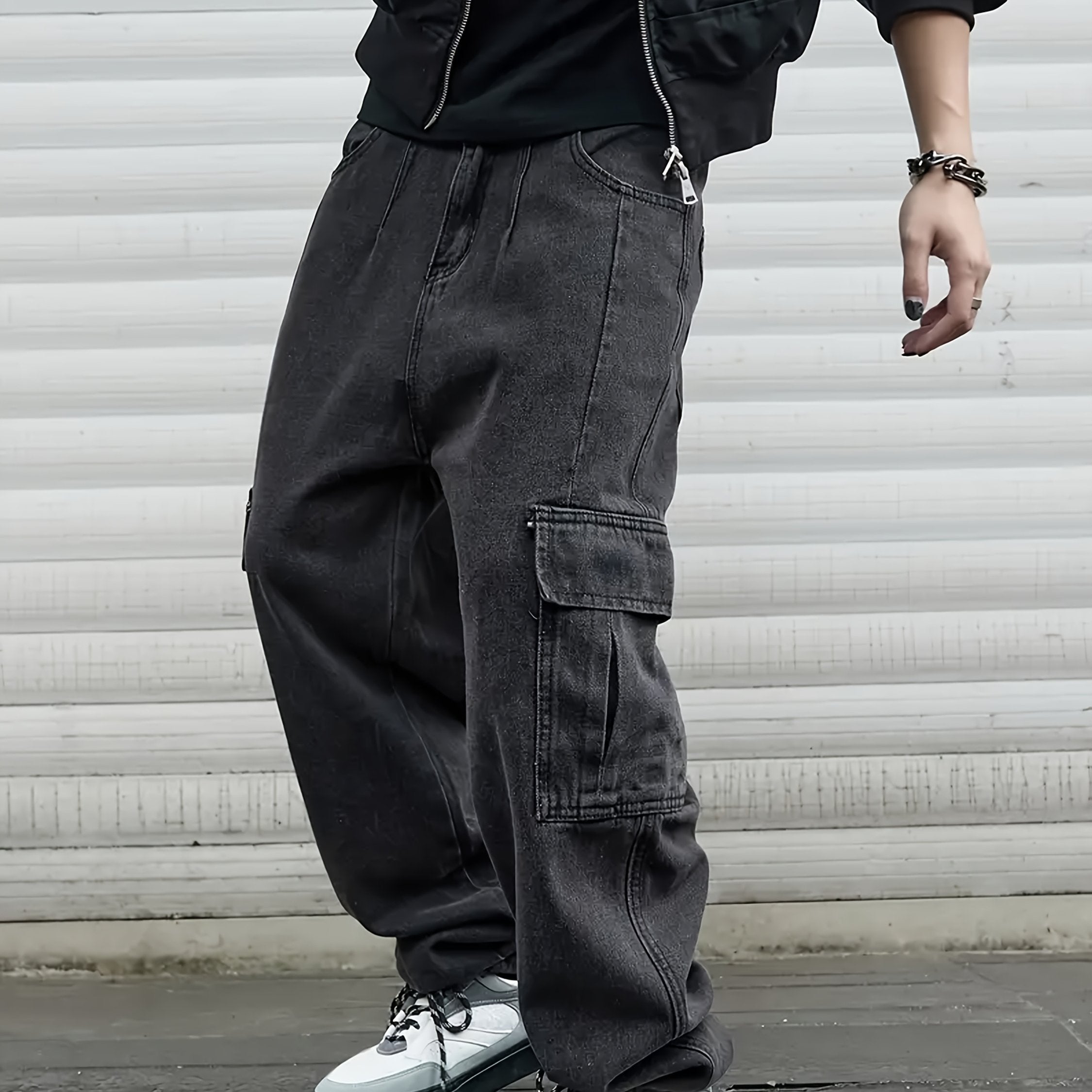 TEMU Men's Heavy-duty Workwear Denim With Multiple Utility Pockets - Straight-leg Loose Fit Wide-leg Denim Pants For Skateboarding, Streetwear &