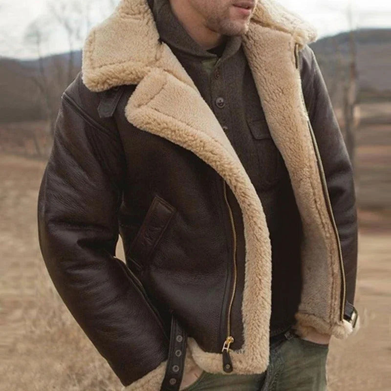Mens Faux Leather Classic Brown Black Bomber Jacket Winter Shearling Sheepskin Coat Large Size Male Fleece Warm Outerwear 240808