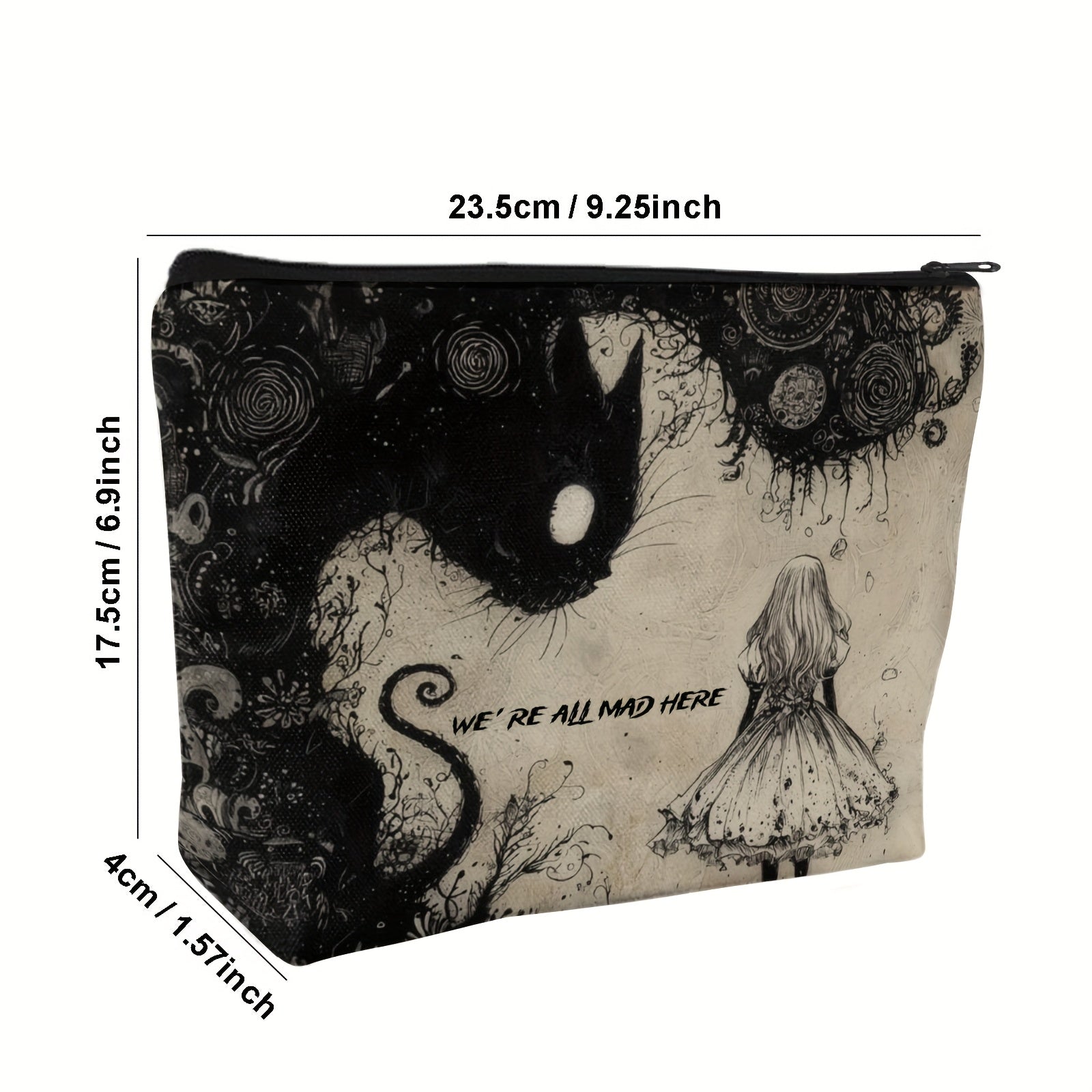TEMU Dark Fairytale Makeup Bag – Psychedelic Mystery Design With Black Cat & Girl Illustration, Versatile Travel Pouch For Cosmetics, Pencils, Snacks
