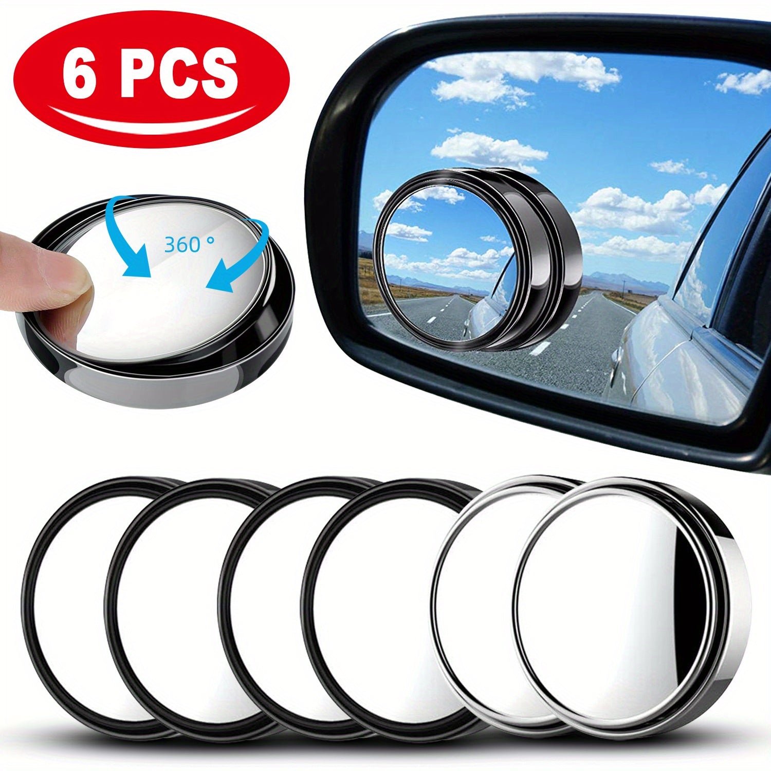TEMU 6pcs Blind Spot Car Mirror 2 Inch Angle Adjustable Glass Round Side Rear View Convex Accessories With Frame For Car Suv Trucks Motorcycles