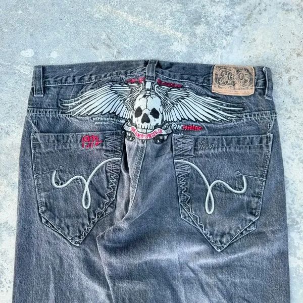 Streetwear Vintage Skull Embroidered Baggy Jeans Y2K Gothic Fashion Street Casual Straight Wide-leg Pants Women Jeans 240708