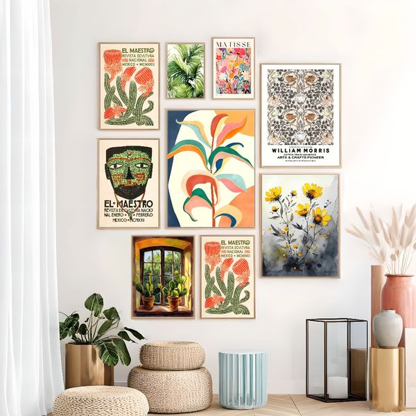 3 pieces Wooden Framed Canvas Poster Cactus, potted plants and beautiful kitchen art prints, vintage, warm