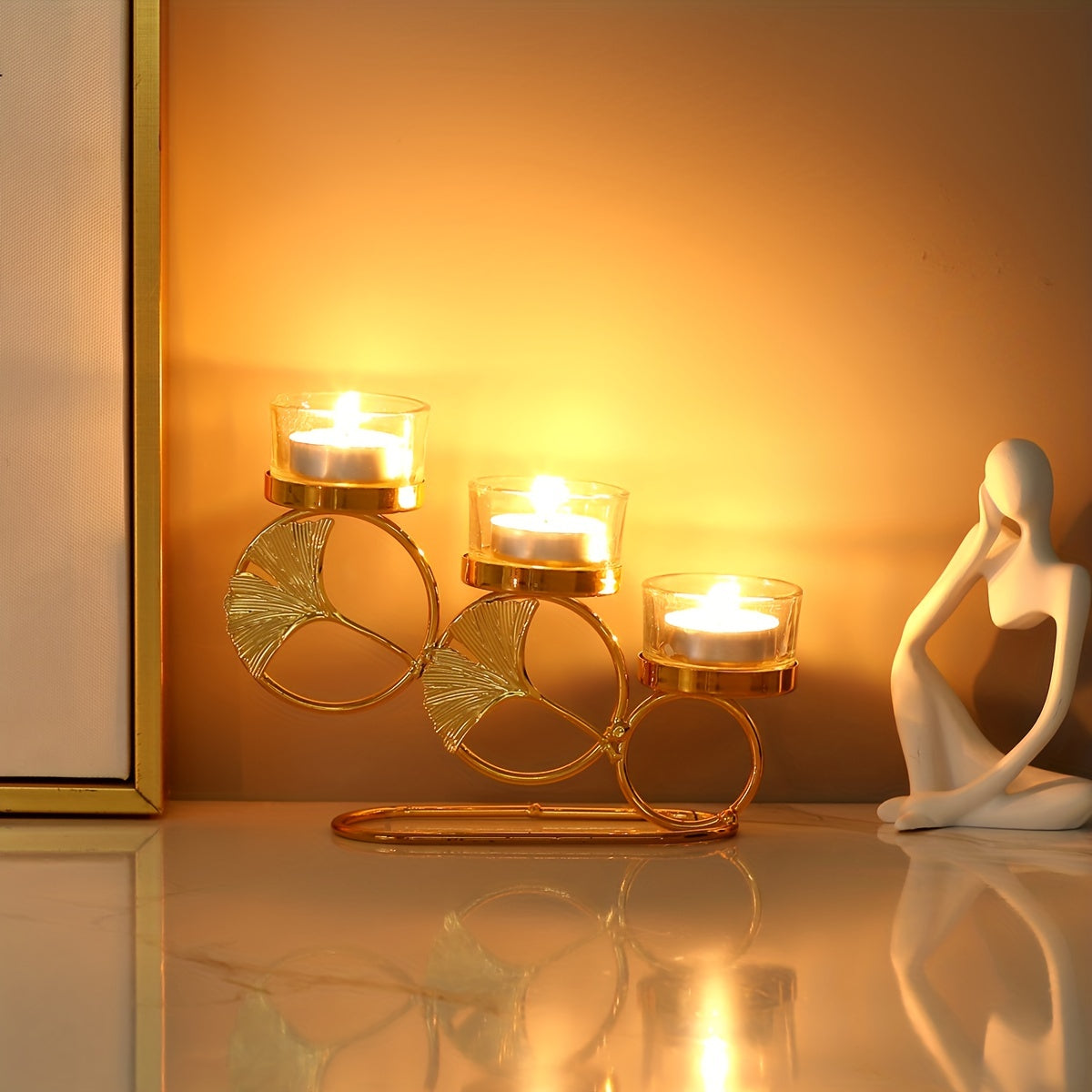 TEMU 3 Golden Candle Holders Shaped Like Ginkgo Leaves.