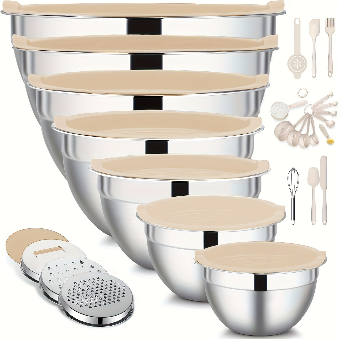 TEMU A Set Of 26 Stainless Steel Mixing Bowl Set With Lids 7 Stainless Steel Mixing Bowls - Includes Grater Attachment, Sealing Lids, Whisk & More,