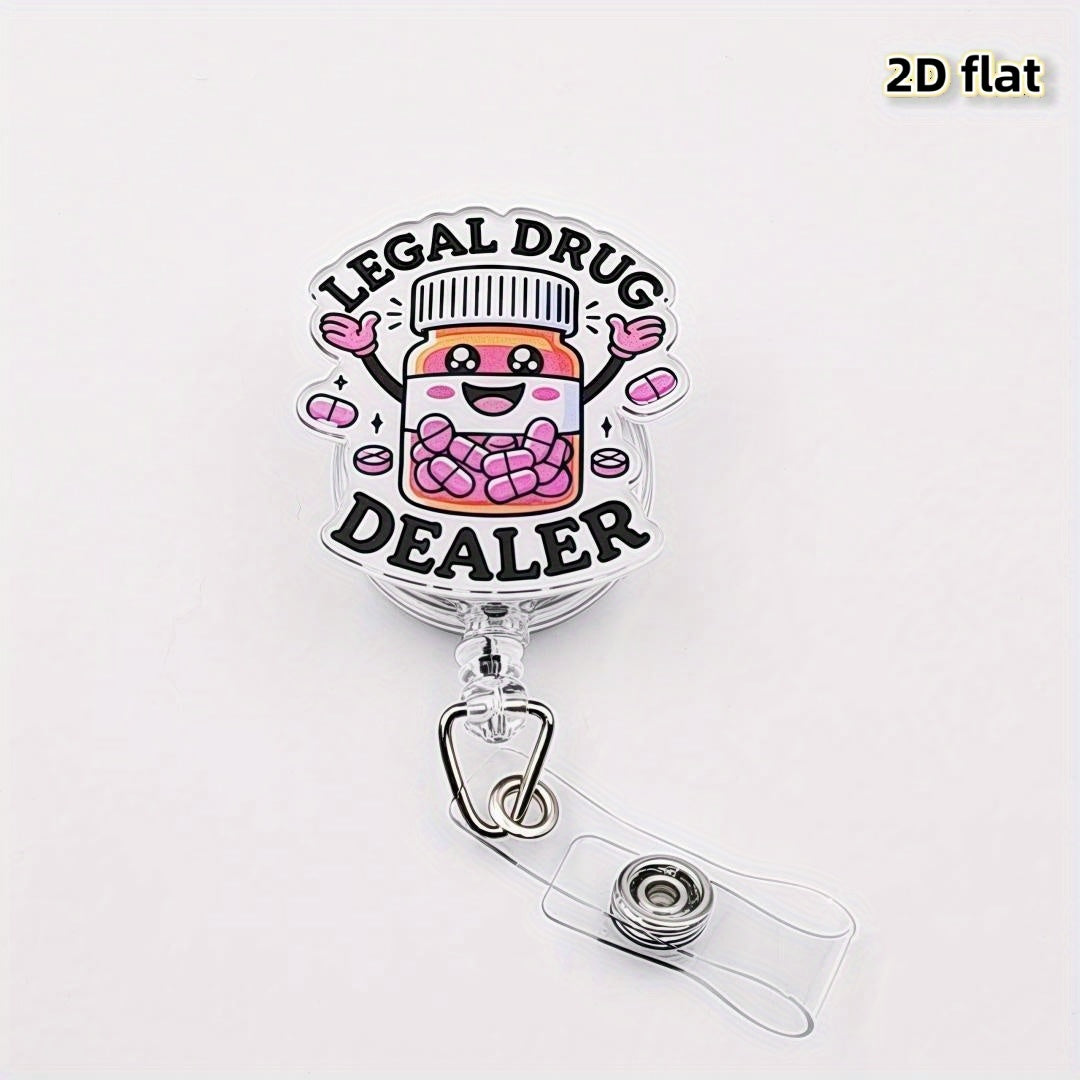 TEMU 2d Non-3d Cartoon Pill Bottle "legal Drug Dealer" Creative Theme Retractable Badge Reel Holder With Id Clip - Acrylic Name Tag Card Holder,