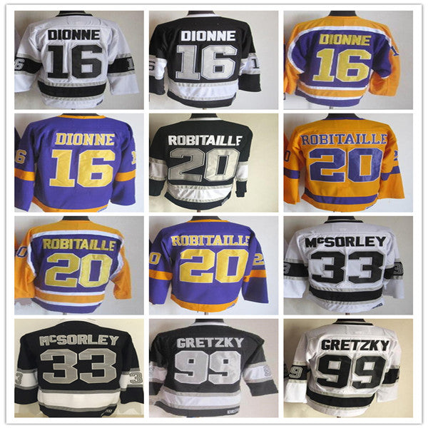 LA Vintage Hockey Jerseys 99 Wayne Gretzky 33 Marty McSorley 20 Luc Robitaille 16 Marcel Dionne Stitched Retro Uniforms Black White Yellow Purple Al