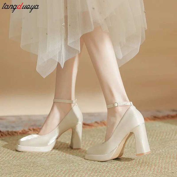 Platform high heels women chunky heels Mary Jane shoes Elegant satin square head Wedding shoes women Ankle buckle single shoesC241012
