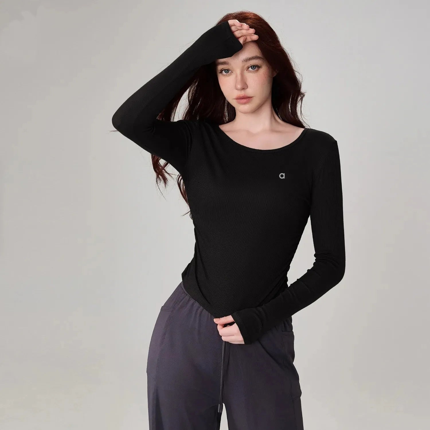 A623 Slim Ribbed Activewear Top for Ladies - Breathable, Round Neck Design with Long Sleeves Ideal for Exercise