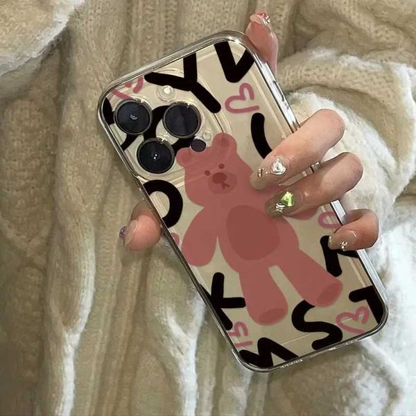 Cell Phone Cases Korean Cute Pink Bear Phone Case Suitable for iPhone 16 Pro Max 15 14 13 12 11 XR XS Max 7 8 Plus Y2K Soft Anti Fall Phone