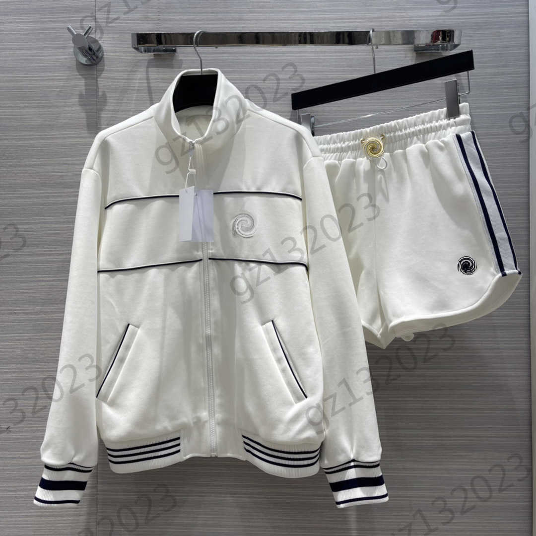 Womens Two Pieces Pants Logo Embroidery Stripe Decoration Stand Collar Zipper Long-sleeved Jacket Elastic Waist Pull Rope Loose Shorts Women Clothin