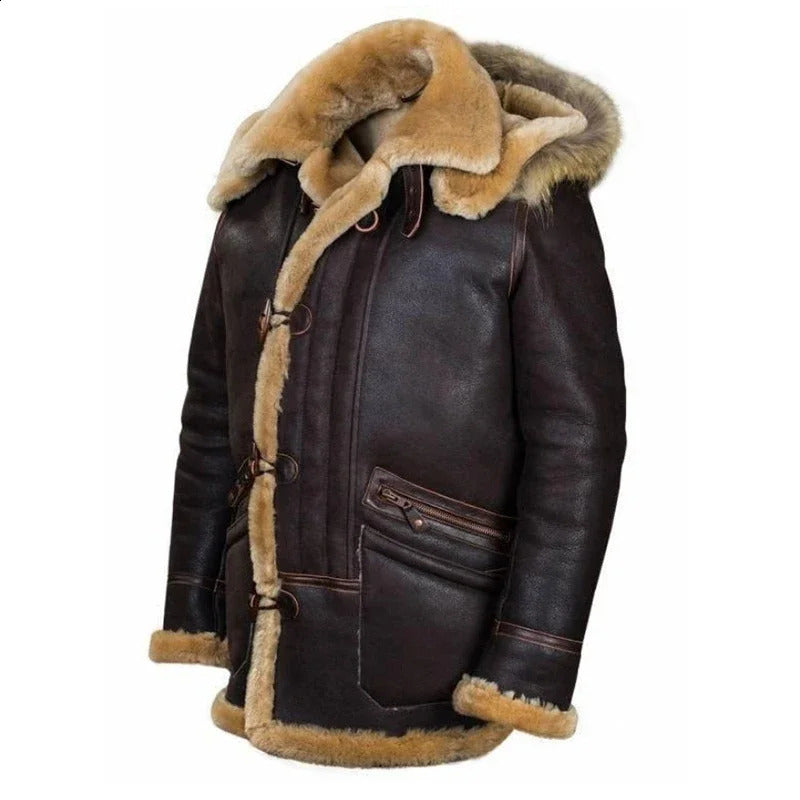 Mens Winter Leather Jacket Outdoor Warm Hooded Flip Collar Suede Coat Casual Motorcycle Windproof Plush Coat 240926