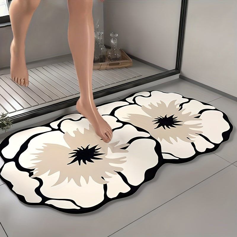TEMU 1pc Floral Diatomaceous Earth Non-slip Bath Mat - Super Absorbent, Quick-drying, Soft Shower Mat, Easy To Clean, Decorative Oval Floor Mat With