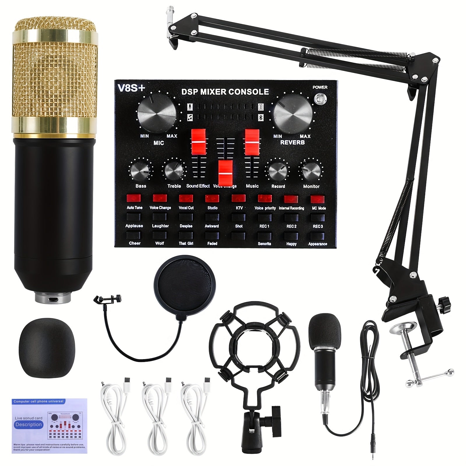 TEMU Recording Kit Podcast Music Mixer Equipment Condenser Wired Microphone Set