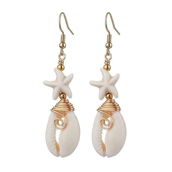 Boucles d'oreilles pendantes en laiton avec étoile de mer et coquillages cauris et turquoise synthétique
