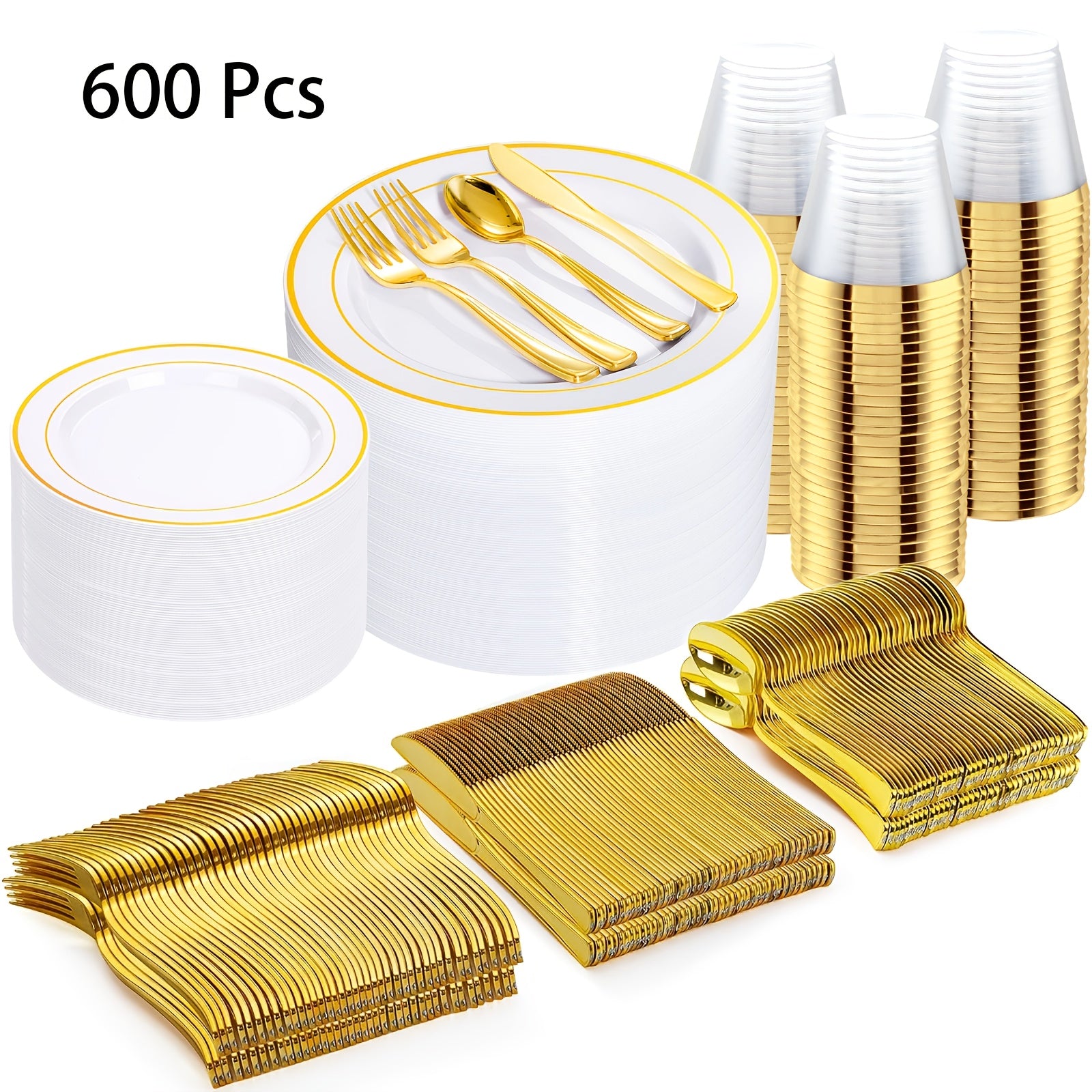 TEMU 600pcs Golden Disposable Plates For 100 Guests, Plastic Plates For Party, Dinnerware Set Of 100 Dinner Plates 10 Inch, 100 Salad Plates 7 Inch,