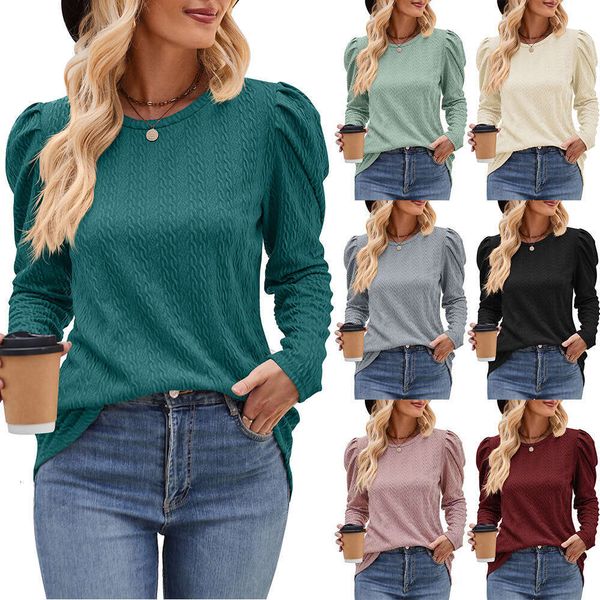 2024 New Womens Round Neck Bubble Knitted Jacquard Solid Top Long Sleeve Fried Dough Twists T-shirt Half Sleeve Summer Printing Short Sleeve
