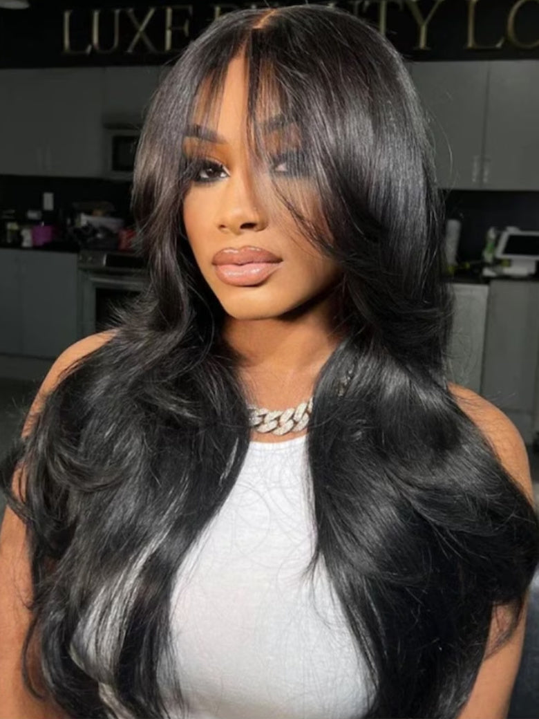 [From 24"]13x4 Pre-Everything Lace Frontal Pull And Go Black Fluffy Natural Loose Wave Curtain Bangs Wig
