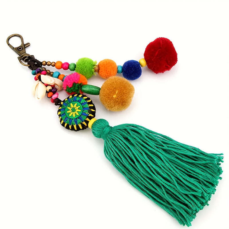 TEMU 1pc Bohemian Ethnic Style Bag Charm, Alloy Swivel Clasp Tassel Wallet Ornament, Colorful Pom Pom Keychain Bead Pendant, Car Rearview Mirror