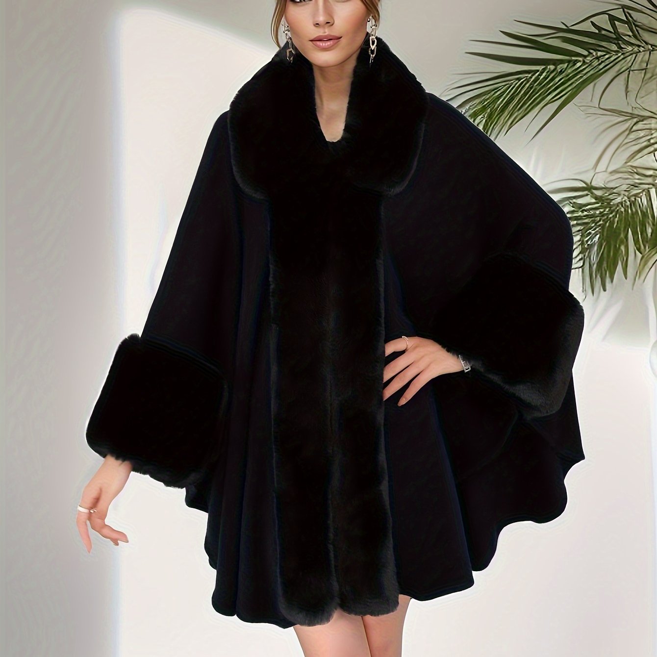 TEMU Plus Size Fuzzy Trim Open Front Coat, Casual Collared Long Sleeve Cape Outerwear For Fall & Winter, Women's Plus Size Clothing