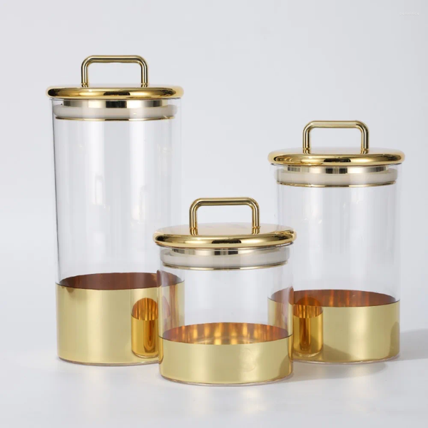 Storage Bottles Grains Moisture-proof Box Transparent Glass Dry Goods Jar Gold Cover Kitchen Household Sealed