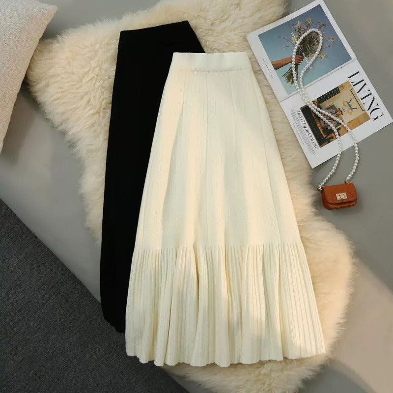 High waist slim pleated a-line skirt new loose swing knitted mid-length skirt